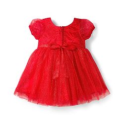 Babyhug Mesh Woven Half Puffed Sleeves Glitter Party Dress With Rhinestones Detailing & Bow Applique - Red