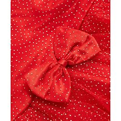 Babyhug Mesh Woven Half Puffed Sleeves Glitter Party Dress With Rhinestones Detailing & Bow Applique - Red