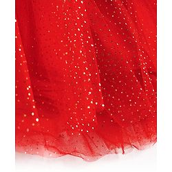 Babyhug Mesh Woven Half Puffed Sleeves Glitter Party Dress With Rhinestones Detailing & Bow Applique - Red