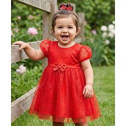 Babyhug Mesh Woven Half Puffed Sleeves Glitter Party Dress With Rhinestones Detailing & Bow Applique - Red