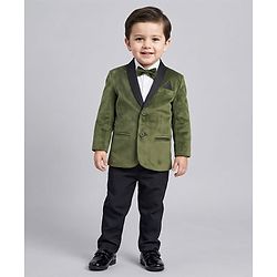 Babyhug Velour Woven Full Sleeves 3 Piece Party Suit With Bow - Olive Green