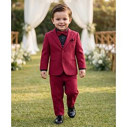 Babyhug Knit Full Sleeves 3 Piece Party Suit With Bow - Maroon