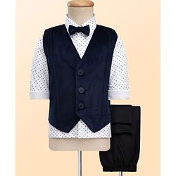Babyhug Velour Woven Full Sleeves Polka Dot Printed 3 Piece Party Suits with Bow - Navy Blue