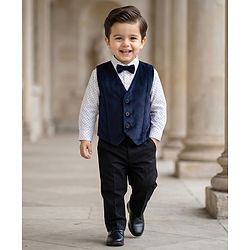Babyhug Velour Woven Full Sleeves Polka Dot Printed 3 Piece Party Suits with Bow - Navy Blue