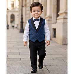Babyhug Knit Full Sleeves Solid Color 3 Piece Party Suit with Bow - Blue