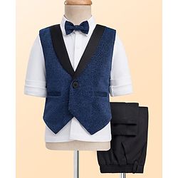 Babyhug Knit Full Sleeves Solid Color 3 Piece Party Suit with Bow - Blue