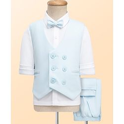 Babyhug Woven Full Sleeves Solid Color 3 Piece Party Suits with Bow - Aqua Blue