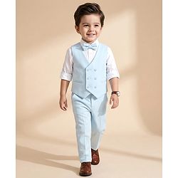 Babyhug Woven Full Sleeves Solid Color 3 Piece Party Suits with Bow - Aqua Blue