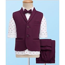 Babyhug Woven Full Sleeves 3 Piece Party Suit With Star Print & Bow - Wine