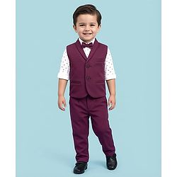 Babyhug Woven Full Sleeves 3 Piece Party Suit With Star Print & Bow - Wine