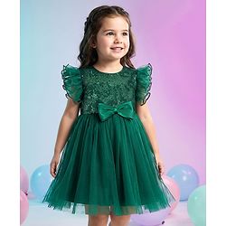 Babyhug Woven Frill Sleeves Mesh Party Dress With Sequin Detailing & Bow Applique - Green