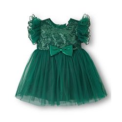 Babyhug Woven Frill Sleeves Mesh Party Dress With Sequin Detailing & Bow Applique - Green