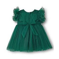 Babyhug Woven Frill Sleeves Mesh Party Dress With Sequin Detailing & Bow Applique - Green