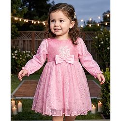 Babyhug Mesh Woven Full Sleeves Party Dress With Sequin Detailing & Bow Applique - Pink