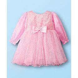Babyhug Mesh Woven Full Sleeves Party Dress With Sequin Detailing & Bow Applique - Pink