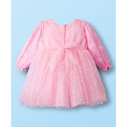 Babyhug Mesh Woven Full Sleeves Party Dress With Sequin Detailing & Bow Applique - Pink
