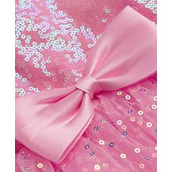 Babyhug Mesh Woven Full Sleeves Party Dress With Sequin Detailing & Bow Applique - Pink