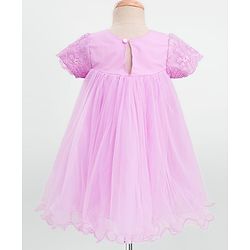 Babyhug Woven Half Puff Sleeves Party Frock With Bow Applique & Embroidery Detailing in Yoke - Lilac