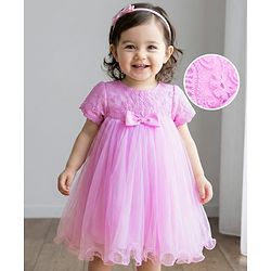 Babyhug Woven Half Puff Sleeves Party Frock With Bow Applique & Embroidery Detailing in Yoke - Lilac