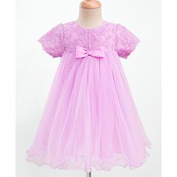 Babyhug Woven Half Puff Sleeves Party Frock With Bow Applique & Embroidery Detailing in Yoke - Lilac
