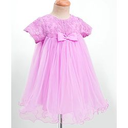 Babyhug Woven Half Puff Sleeves Party Frock With Bow Applique & Embroidery Detailing in Yoke - Lilac