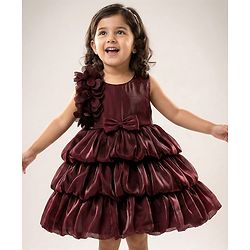 Babyhug Woven Sleeveless Frock With Floral & Bow Applique - Wine