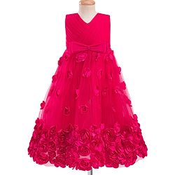 Babyhug 5 Layers Mesh Sleeveless Party Gown With 3D Flower Detailing & Bow Applique With Yoke Pleating - Red