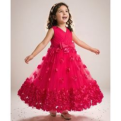 Babyhug 5 Layers Mesh Sleeveless Party Gown With 3D Flower Detailing & Bow Applique With Yoke Pleating - Red