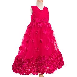 Babyhug 5 Layers Mesh Sleeveless Party Gown With 3D Flower Detailing & Bow Applique With Yoke Pleating - Red