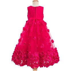 Babyhug 5 Layers Mesh Sleeveless Party Gown With 3D Flower Detailing & Bow Applique With Yoke Pleating - Red
