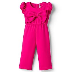 Babyhug Woven Half Sleeves Solid Colour Jumpsuit With Bow Applique - Fuschia