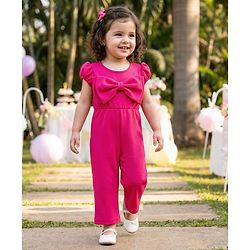 Babyhug Woven Half Sleeves Solid Colour Jumpsuit With Bow Applique - Fuschia