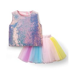 Babyhug Woven Sleeveless Mesh Top & Skirt Set With Sequin Detailing - Multicolour