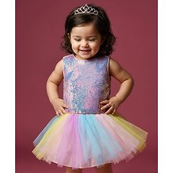 Babyhug Woven Sleeveless Mesh Top & Skirt Set With Sequin Detailing - Multicolour