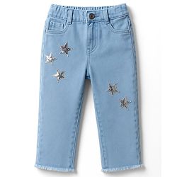 Babyhug Denim Washed Capri With Stretch & Star Applique - Light Blue