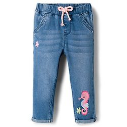 Babyhug Full Length Washed Denim Jeans With Stretch & Seahorse Embroidery - Light Blue
