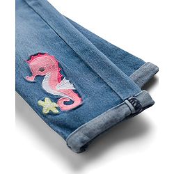 Babyhug Full Length Washed Denim Jeans With Stretch & Seahorse Embroidery - Light Blue
