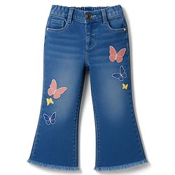 Babyhug Denim Full Length Flared Washed Jeans With Stretch & Butterfly Embroidery - Blue