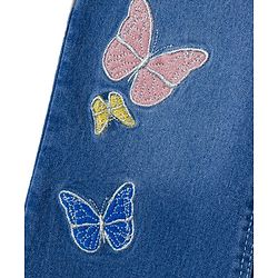 Babyhug Denim Full Length Flared Washed Jeans With Stretch & Butterfly Embroidery - Blue