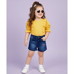 Babyhug Denim Mid Thigh Shorts With Floral Embriodery - Blue