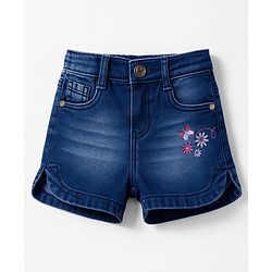 Babyhug Denim Mid Thigh Shorts With Floral Embriodery - Blue