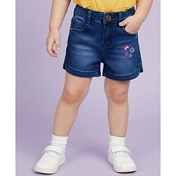 Babyhug Denim Mid Thigh Shorts With Floral Embriodery - Blue