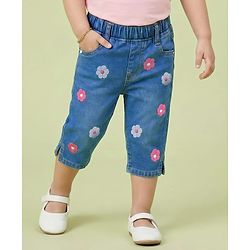 Babyhug Denim Capri With Stretch & Floral Embroidery - Blue