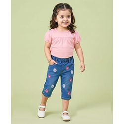 Babyhug Denim Capri With Stretch & Floral Embroidery - Blue