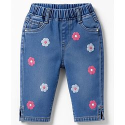 Babyhug Denim Capri With Stretch & Floral Embroidery - Blue