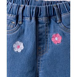 Babyhug Denim Capri With Stretch & Floral Embroidery - Blue