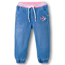 Babyhug Denim Full Length Jogger With Stretch & Floral Embriodery - Blue