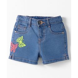 Babyhug Denim Mid Thigh Short With Butterfly Embriodery - Blue