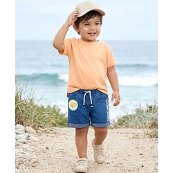 Babyhug Denim Mid Thigh Short With Stretch & Text Print - Navy Blue