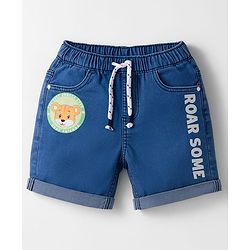 Babyhug Denim Mid Thigh Short With Stretch & Text Print - Navy Blue